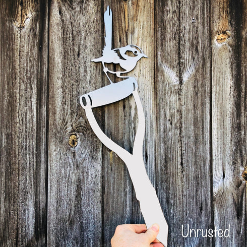 Jenny Wren on a Spade - Rustic Rusted Garden Wildlife Sculpture